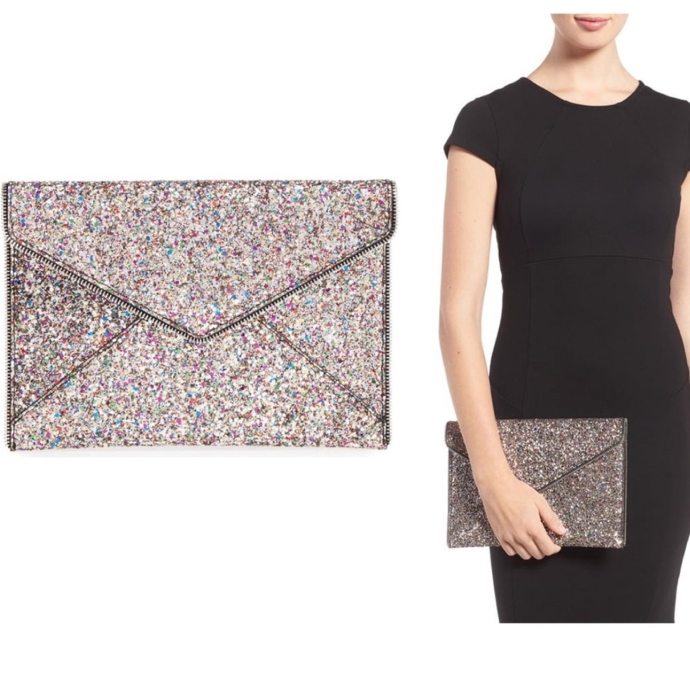 Rebecca Minkoff Glitter Leo Envelope Clutch Purse Silver